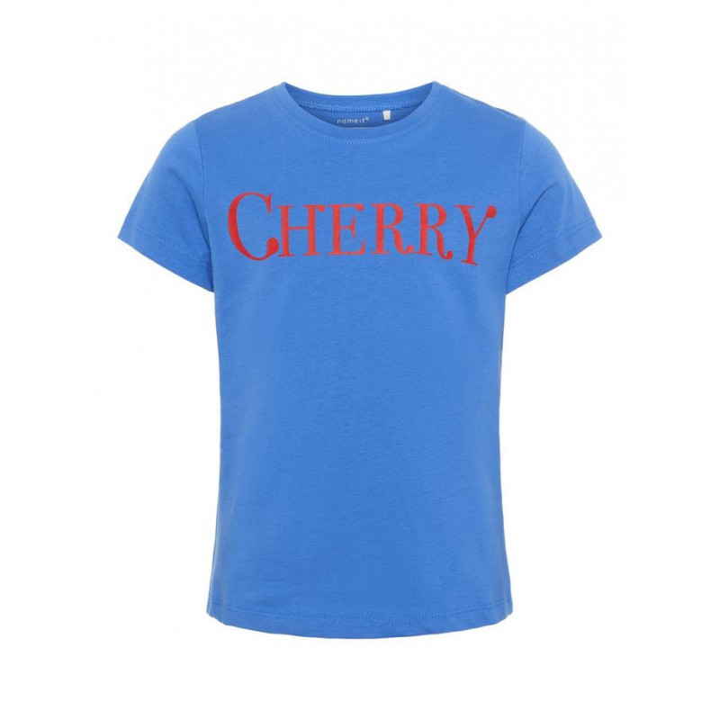 Tricou din bumbac de culoare albastră cu inscripție CHERRY pentru fete  54264