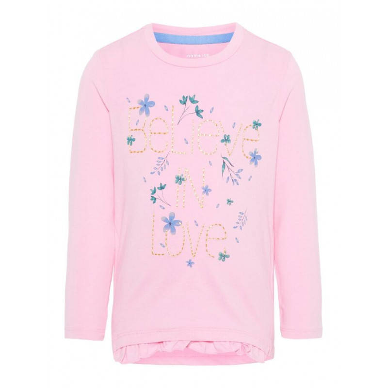 Bluză roz din bumbac cu mâneci lungi și imprimeu colorat, pentru o fată  54276