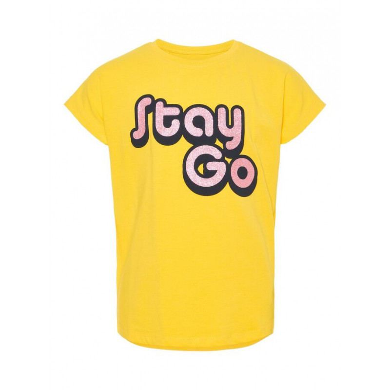Bluză de bumbac de culoare galbenă, cu mânecă scurtă și inscripție roz pentru fete  54327