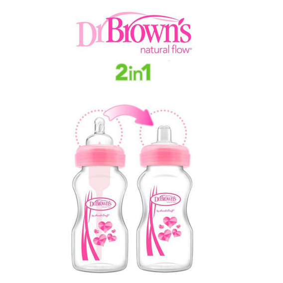 Set de biberoane DrBrown 2în1, 270 ml, două tetine, roz DrBrown's 59530 2