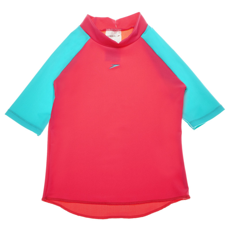 Tricou de plajă pentru fete, roz cu mâneci albastre  65203