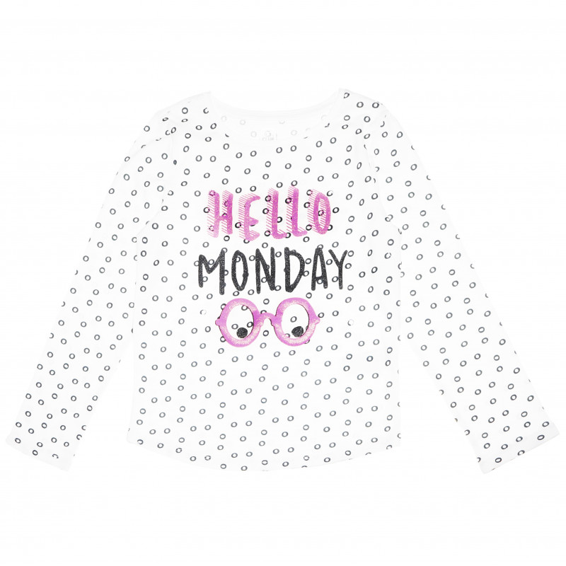 Bluză din bumbac cu mânecă lungă albă cu inscripție „Hello Monday” pentru fete  80318