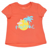 Bluză portocalie de bumbac cu inscripția PARADISE și cu mâneci scurte pentru fete Name it 96599 