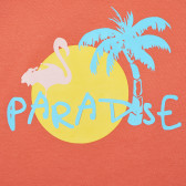 Bluză portocalie de bumbac cu inscripția PARADISE și cu mâneci scurte pentru fete Name it 96601 3