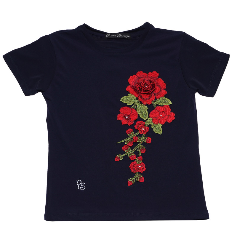 O bluză albastru bleumarin cu mânecă scurtă și un imprimeu trandafir pentru fete  96682
