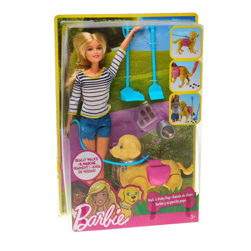 Păpușa Barbie - set cu un câine de plimbat  96795